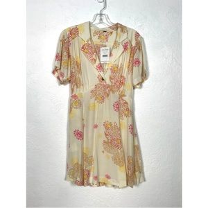 Free People Blue Hawaii Short Sleeve V Neck Notched Collar Minidress Cream Small